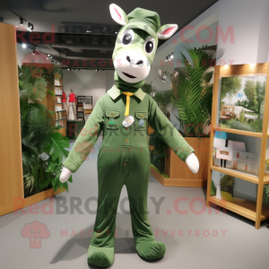 Forest Green Giraffe mascot costume character dressed with a Overalls and Pocket squares