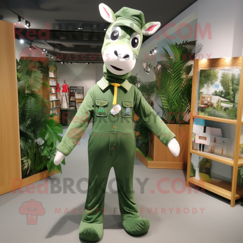 Forest Green Giraffe mascot costume character dressed with a Overalls and Pocket squares