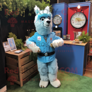 Blue Alpaca mascot costume character dressed with a Cargo Shorts and Bracelet watches