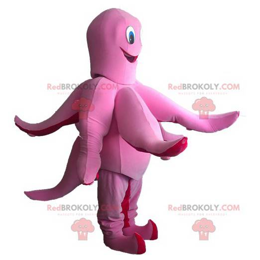 Mascotte di polpo rosa e rosso divertente e sorridente -
