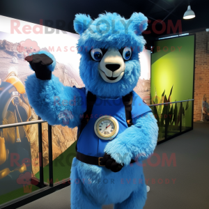 Blue Alpaca mascot costume character dressed with a Cargo Shorts and Bracelet watches