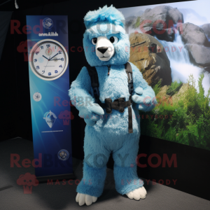 Blue Alpaca mascot costume character dressed with a Cargo Shorts and Bracelet watches