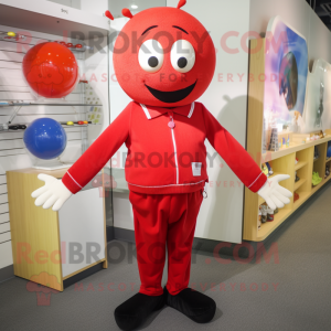 Red Juggle mascot costume character dressed with a Sweater and Tie pins