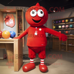 Red Juggle mascot costume character dressed with a Sweater and Tie pins