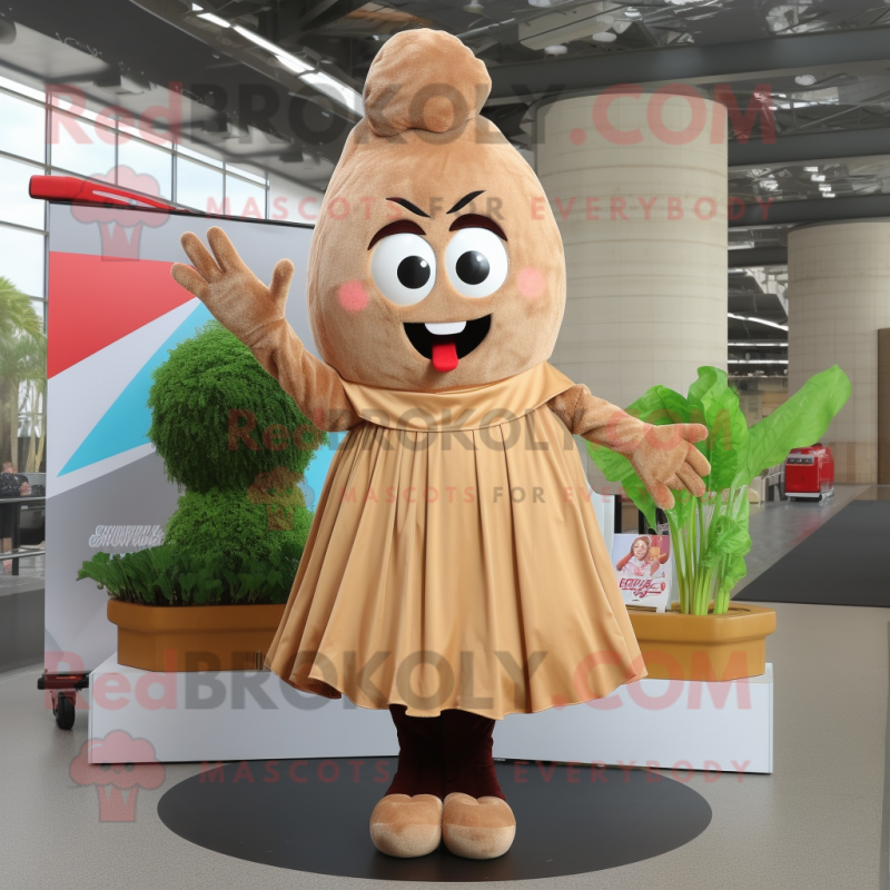 Tan Cherry mascot costume character dressed with a Midi Dress and Gloves Tan Cherry mascot costume character dressed with a Midi Dress and Gloves