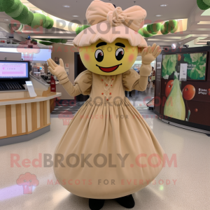 Tan Cherry mascot costume character dressed with a Midi Dress and Gloves