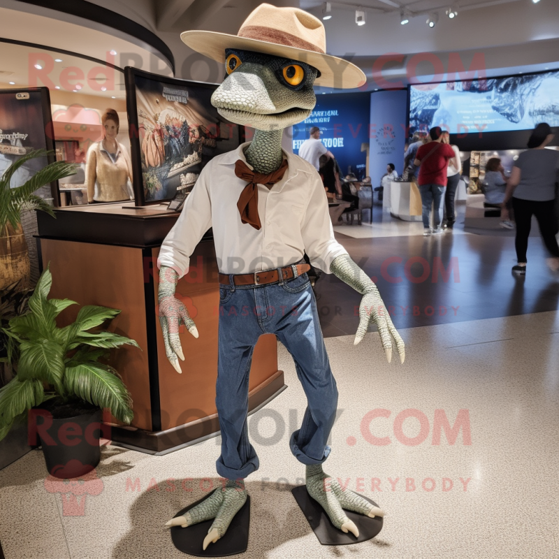 White Deinonychus mascot costume character dressed with a Jeans and Hat pins