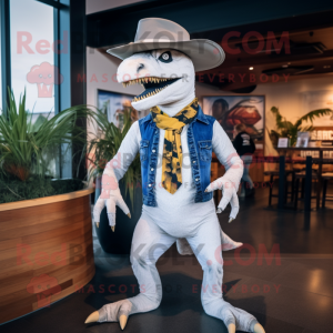 White Deinonychus mascot costume character dressed with a Jeans and Hat pins