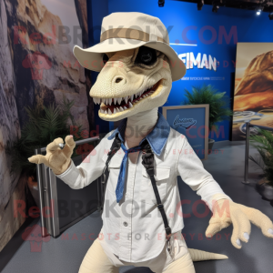 White Deinonychus mascot costume character dressed with a Jeans and Hat pins