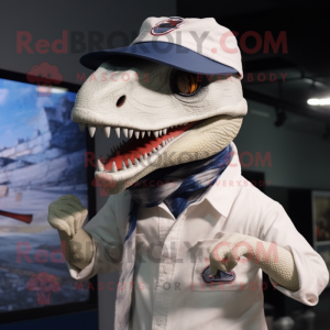 White Deinonychus mascot costume character dressed with a Jeans and Hat pins