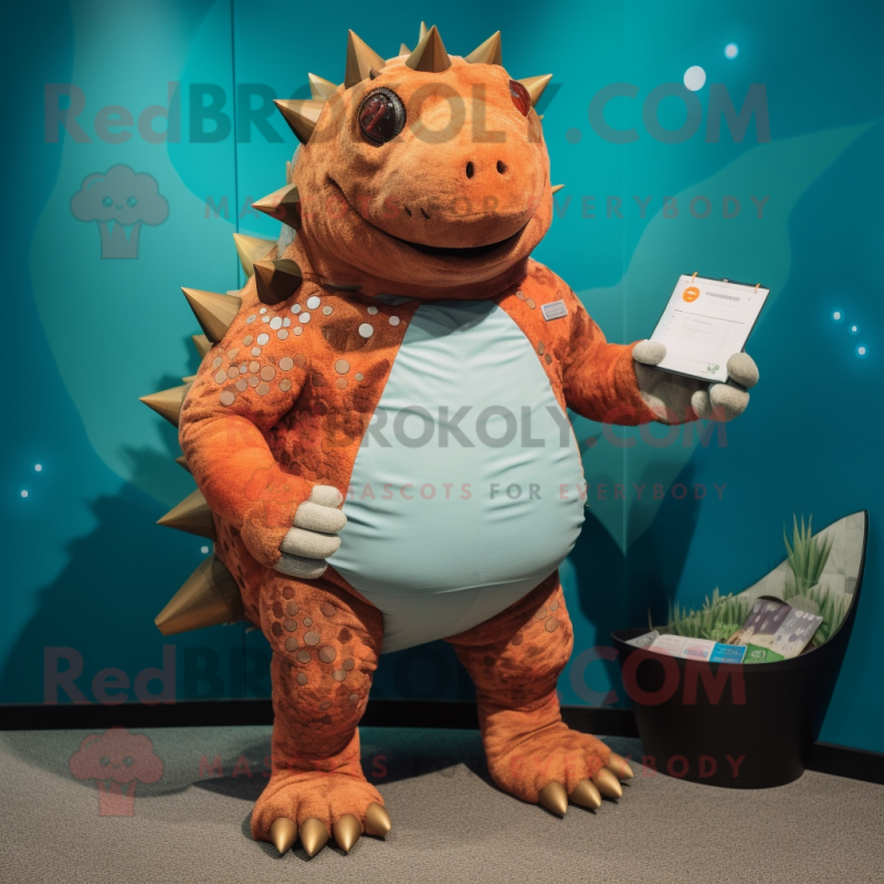 Rust Ankylosaurus mascot costume character dressed with a Swimwear and Wallets Rust Ankylosaurus mascot costume character dressed with a Swimwear and Wallets