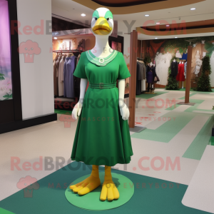 Green Goose mascot costume character dressed with a Sheath Dress and Anklets