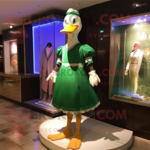 Green Goose mascot costume character dressed with a Sheath Dress and Anklets