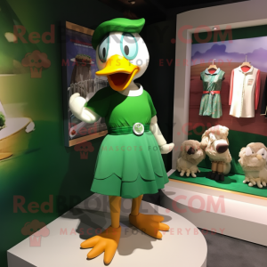 Green Goose mascot costume character dressed with a Sheath Dress and Anklets