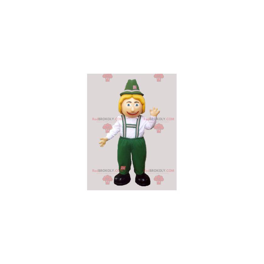 Mascote tirolês em vestido tradicional verde e branco -