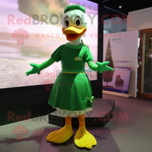 Green Goose mascot costume character dressed with a Sheath Dress and Anklets