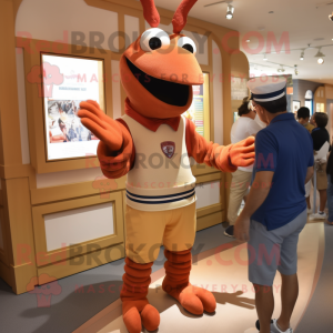 Tan Lobster Bisque mascot costume character dressed with a Polo Tee and Watches