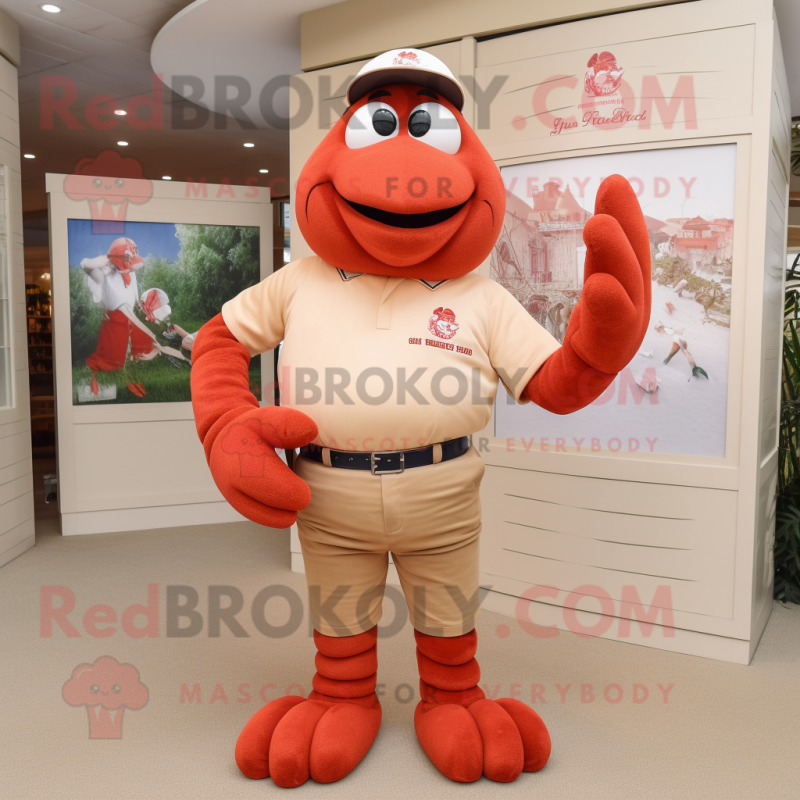 Tan Lobster Bisque mascot costume character dressed with a Polo Tee and Watches