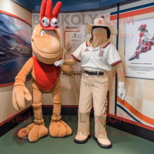 Tan Lobster Bisque mascot costume character dressed with a Polo Tee and Watches