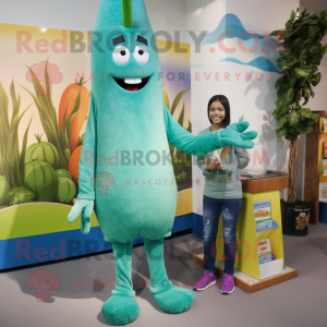 Teal Asparagus mascot costume character dressed with a Long Sleeve Tee and Watches