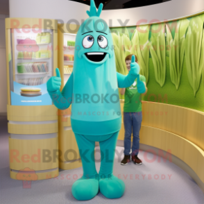 Teal Asparagus mascot costume character dressed with a Long Sleeve Tee and Watches