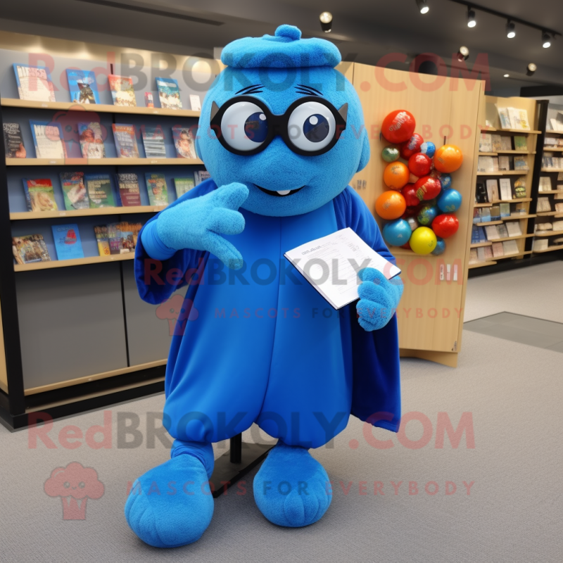 Blue Meatballs mascot costume character dressed with a Coat and Reading glasses Blue Meatballs mascot costume character dressed with a Coat and Reading glasses