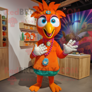 Orange Peacock mascot costume character dressed with a Henley Shirt and Bracelets