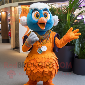 Orange Peacock mascot costume character dressed with a Henley Shirt and Bracelets