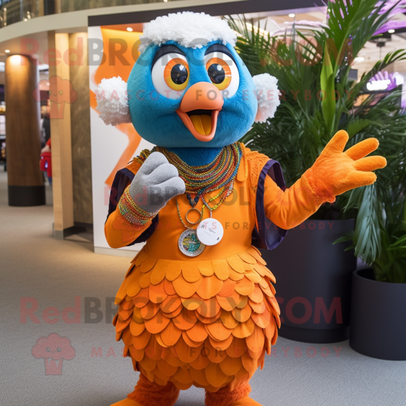 Orange Peacock mascot costume character dressed with a Henley Shirt and Bracelets