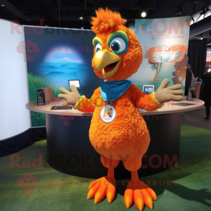 Orange Peacock mascot costume character dressed with a Henley Shirt and Bracelets
