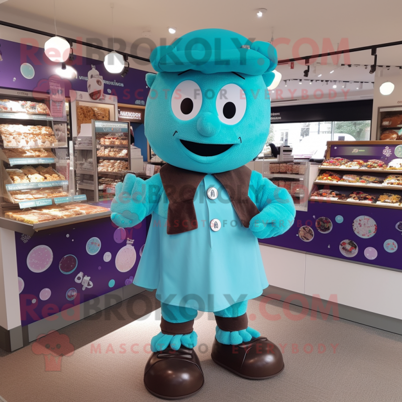 Turquoise Chocolates mascot costume character dressed with a Playsuit and Berets Turquoise Chocolates mascot costume character dressed with a Playsuit and Berets