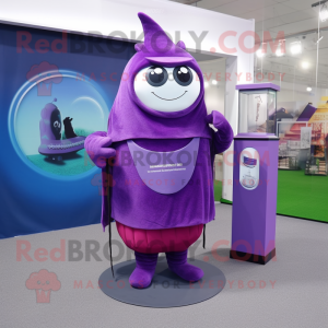 Purple Hourglass mascot costume character dressed with a Sweatshirt and Messenger bags