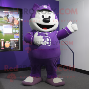 Purple Hourglass mascot costume character dressed with a Sweatshirt and Messenger bags