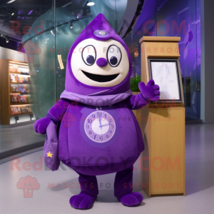 Purple Hourglass mascot costume character dressed with a Sweatshirt and Messenger bags
