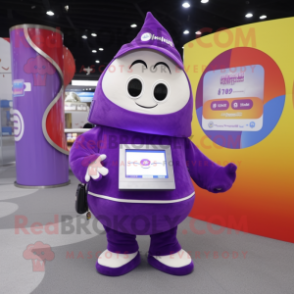 Purple Hourglass mascot costume character dressed with a Sweatshirt and Messenger bags