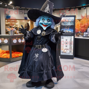 Black Witch mascot costume character dressed with a Jeans and Coin purses
