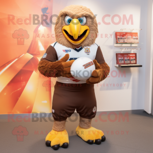 Brown Bald Eagle mascot costume character dressed with a Rugby Shirt and Hairpins