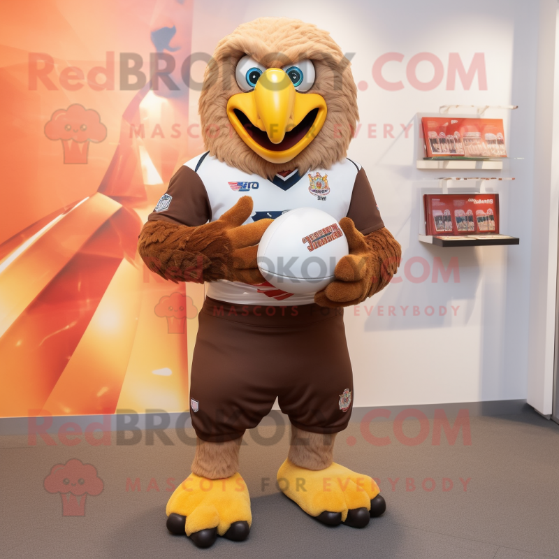 Brown Bald Eagle mascot costume character dressed with a Rugby Shirt and Hairpins Brown Bald Eagle mascot costume character dressed with a Rugby Shirt and Hairpins