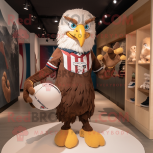 Brown Bald Eagle mascot costume character dressed with a Rugby Shirt and Hairpins