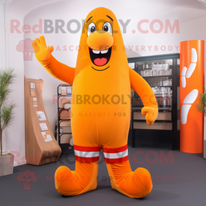 Orange French Fries mascot costume character dressed with a Overalls and Foot pads