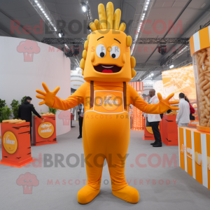 Orange French Fries mascot costume character dressed with a Overalls and Foot pads