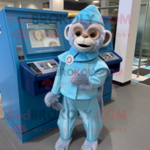 Sky Blue Capuchin Monkey mascot costume character dressed with a Midi Dress and Coin purses