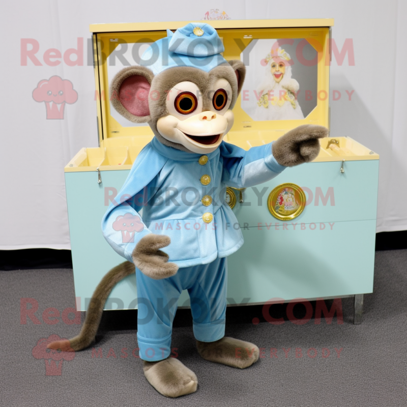 Sky Blue Capuchin Monkey mascot costume character dressed with a Midi Dress and Coin purses