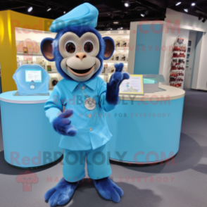 Sky Blue Capuchin Monkey mascot costume character dressed with a Midi Dress and Coin purses