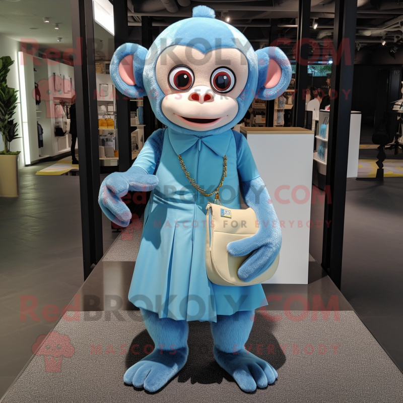 Sky Blue Capuchin Monkey mascot costume character dressed with a Midi Dress and Coin purses Sky Blue Capuchin Monkey mascot costume character dressed with a Midi Dress and Coin purses