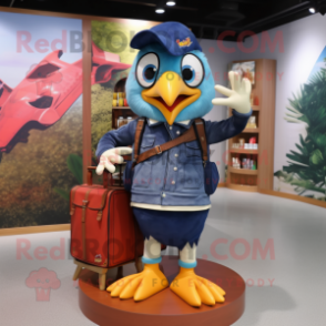 Navy Woodpecker mascot costume character dressed with a Denim Shorts and Briefcases