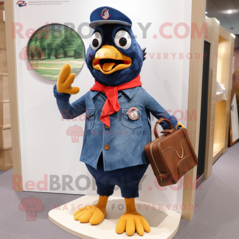 Navy Woodpecker mascot costume character dressed with a Denim Shorts and Briefcases Navy Woodpecker mascot costume character dressed with a Denim Shorts and Briefcases