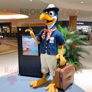 Navy Woodpecker mascot costume character dressed with a Denim Shorts and Briefcases