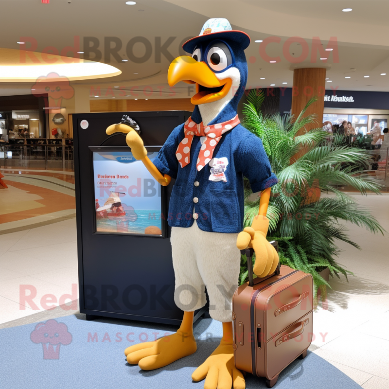 Navy Woodpecker mascot costume character dressed with a Denim Shorts and Briefcases Navy Woodpecker mascot costume character dressed with a Denim Shorts and Briefcases