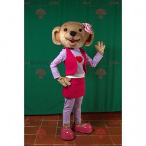 Medvěd hnědý maskot v růžové a fialové oblečení - Redbrokoly.com